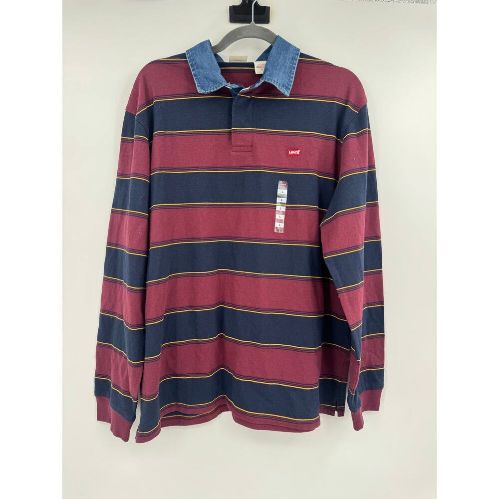 Levi's Preppy Rugby Polo Shirt Men Large Maroon Navy Striped Classic Varsity - Picture 3 of 9